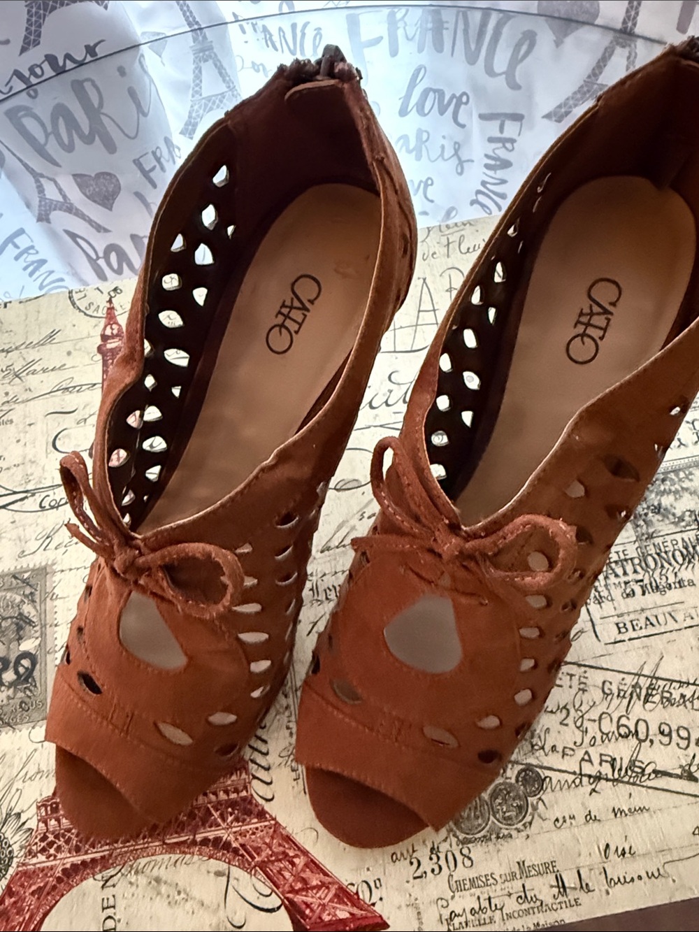 Cato Rust Suede Cutout Peep-Toe Heels with Bow. Rust color